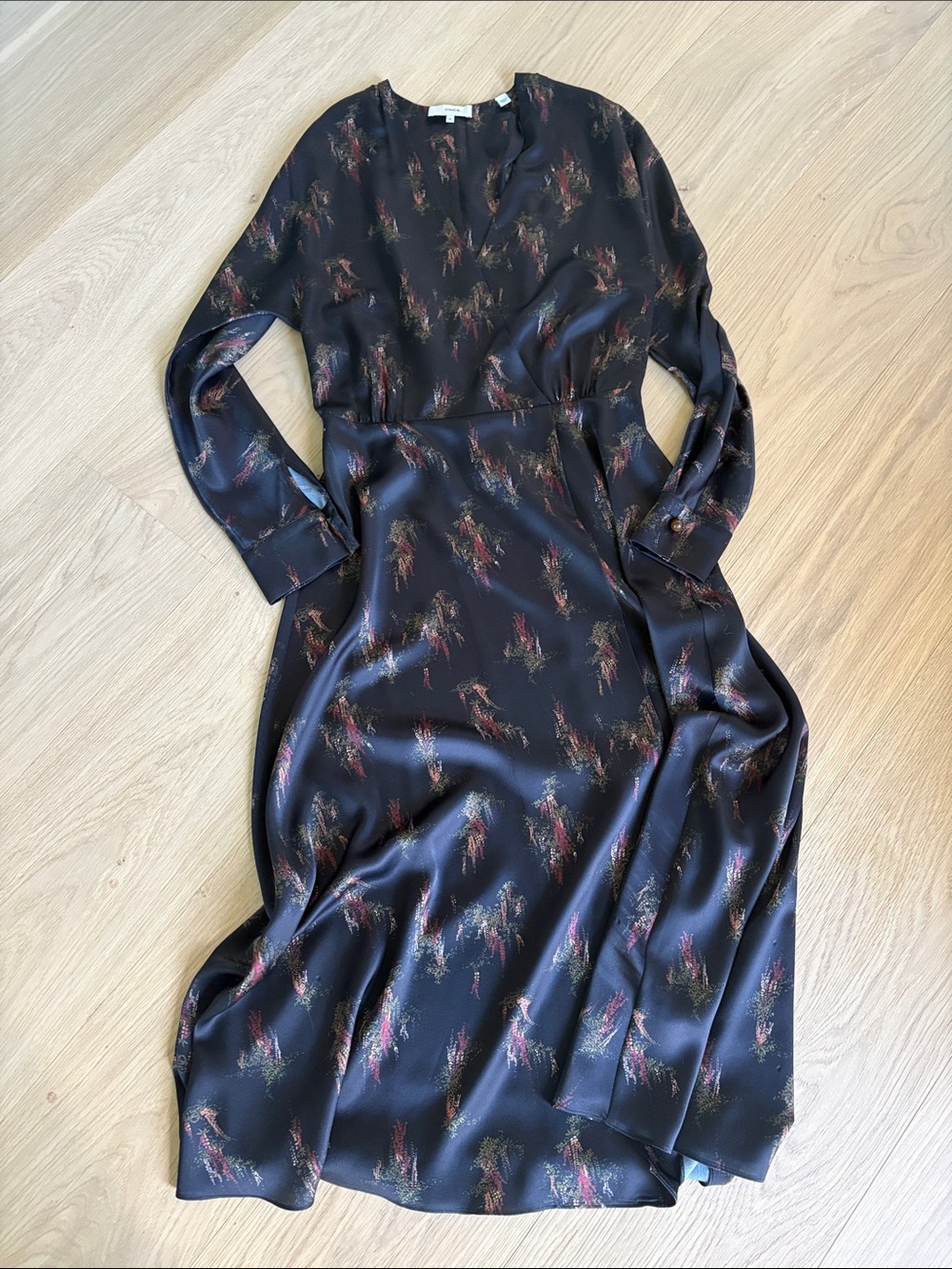 Vince Black Floral Long Sleeve Midi Dress